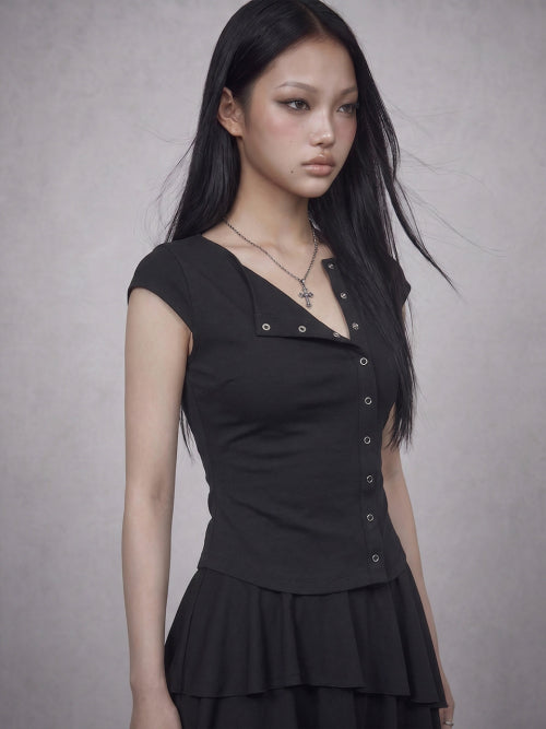 GLAM SNAP BUTTON CAP SLEEVE TEE BLACK
