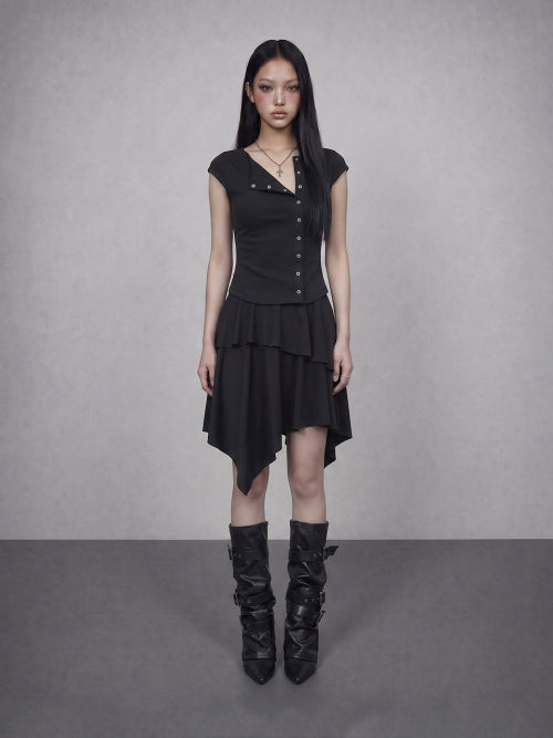 GLAM SNAP BUTTON CAP SLEEVE TEE BLACK