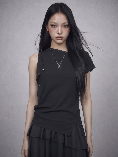 GLAM SNAP DETAIL ONE SHOULDER TOP BLACK