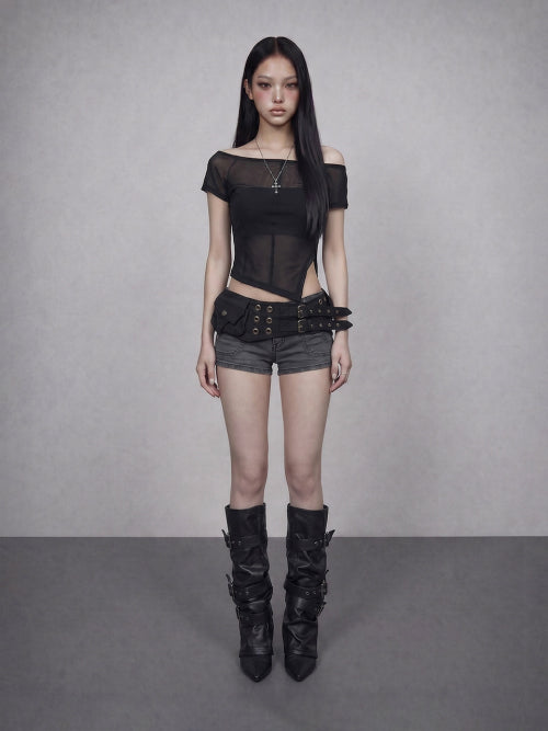 GLAM BACK STRAP SHEER CROP TOP BLACK