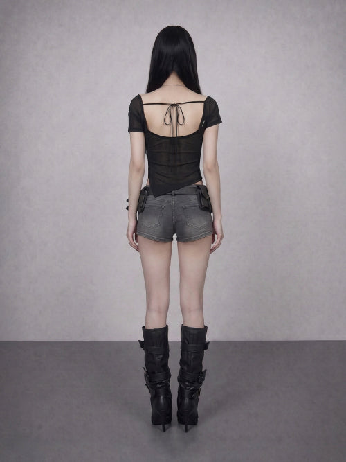GLAM BACK STRAP SHEER CROP TOP BLACK