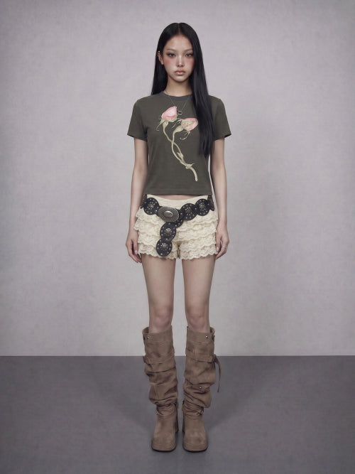 GLAM FLOWER PRINTED TEE DARK GREY