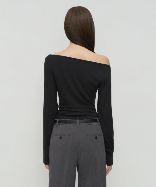 WOMENS WOOL TENCEL OFF SHOULDER LONG SLEEVE TEE #韓韶禧同款! - 4 COLORS BLACK
