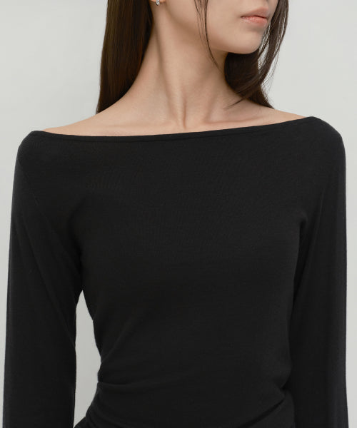 WOMENS WOOL TENCEL OFF SHOULDER LONG SLEEVE TEE #韓韶禧同款! - 4 COLORS BLACK