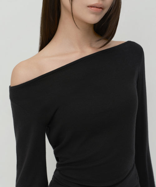 WOMENS WOOL TENCEL OFF SHOULDER LONG SLEEVE TEE #韓韶禧同款! - 4 COLORS BLACK