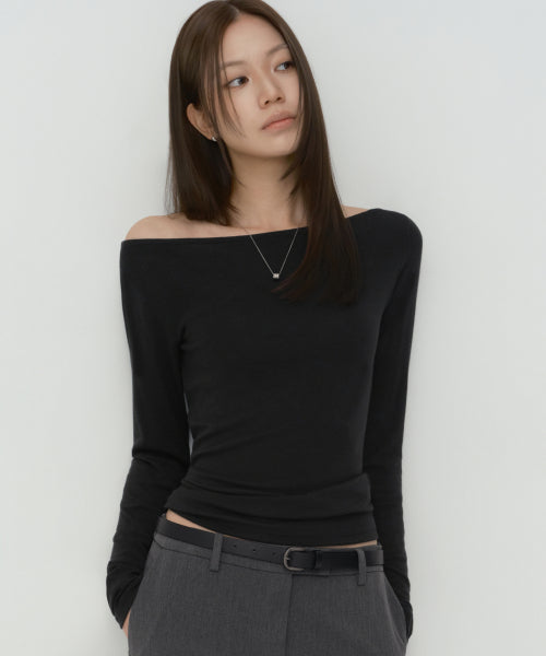 WOMENS WOOL TENCEL OFF SHOULDER LONG SLEEVE TEE #韓韶禧同款! - 4 COLORS BLACK