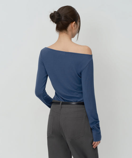 WOMENS WOOL TENCEL OFF SHOULDER LONG SLEEVE TEE #韓韶禧同款! - 4 COLORS BLUE
