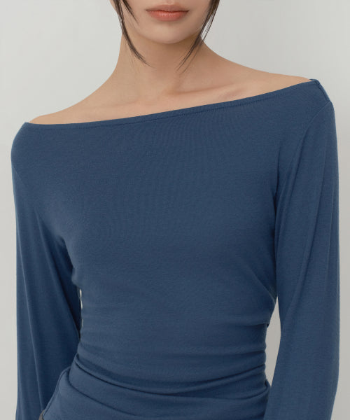 WOMENS WOOL TENCEL OFF SHOULDER LONG SLEEVE TEE #韓韶禧同款! - 4 COLORS BLUE