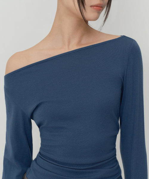 WOMENS WOOL TENCEL OFF SHOULDER LONG SLEEVE TEE #韓韶禧同款! - 4 COLORS BLUE