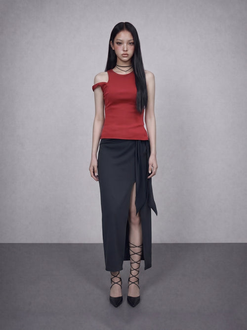 GLAM RIBBED SLEEVELESS TEE - 2 COLORS RED