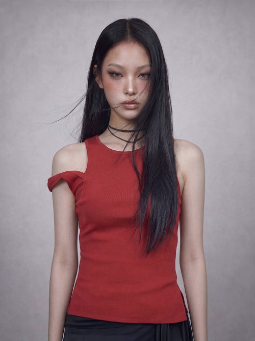 GLAM RIBBED SLEEVELESS TEE - 2 COLORS RED