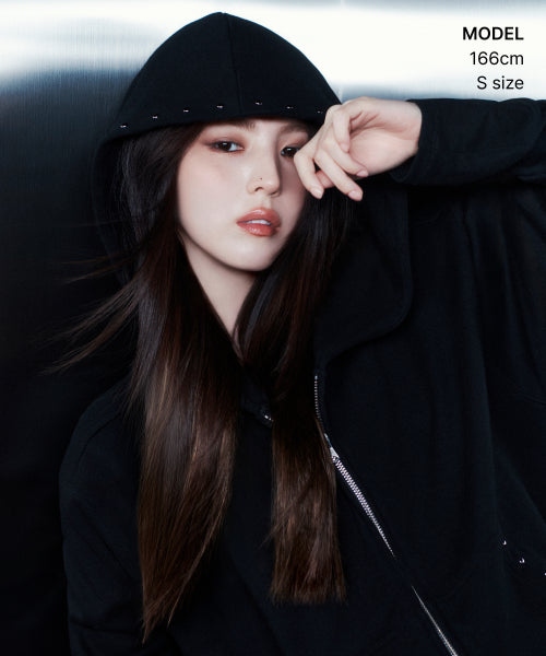 WOMENS STUD HOODED SWEAT ZIP-UP #韓韶禧同款! BLACK