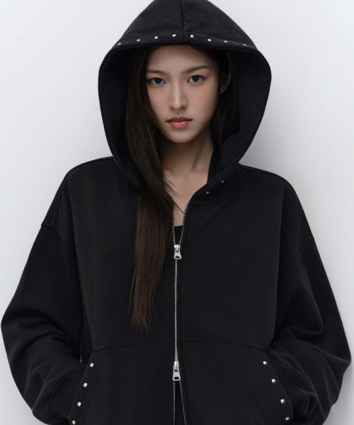 WOMENS STUD HOODED SWEAT ZIP-UP #韓韶禧同款! BLACK