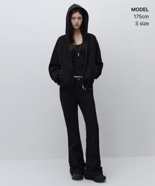 WOMENS STUD HOODED SWEAT ZIP-UP #韓韶禧同款! BLACK