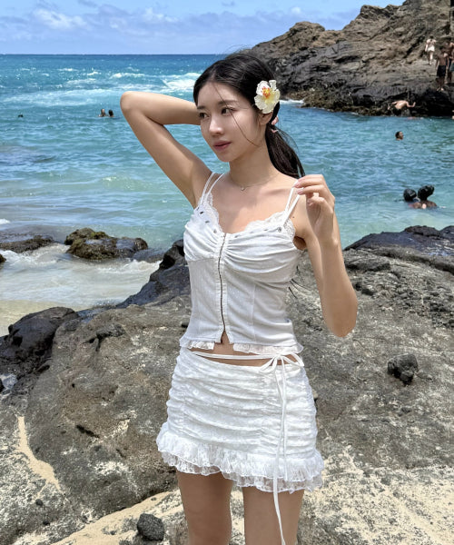 LACE SHIRRING SKIRT - 3 COLORS WHITE