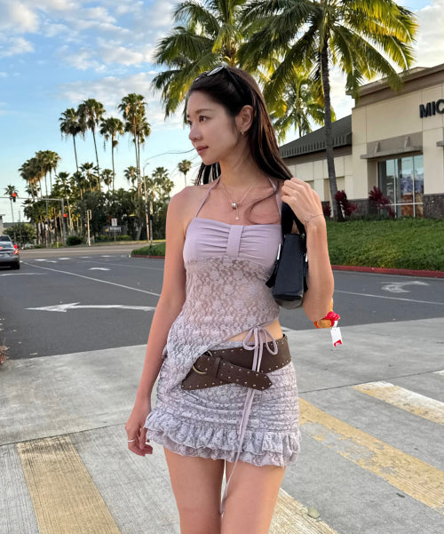 LACE SHIRRING SKIRT - 3 COLORS LAVENDER