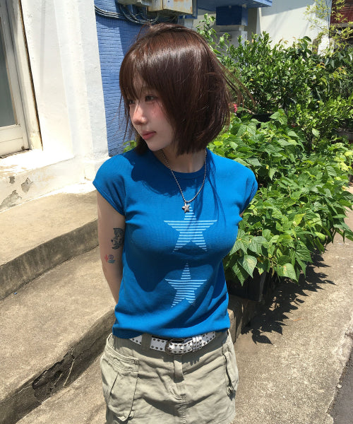 STRIPE STAR SLEEVE T-SHIRT - 3 COLORS BLUE