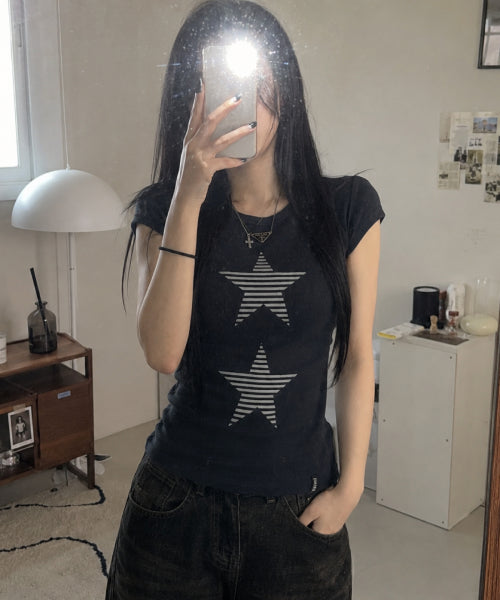 STRIPE STAR SLEEVE T-SHIRT - 3 COLORS CHARCOAL
