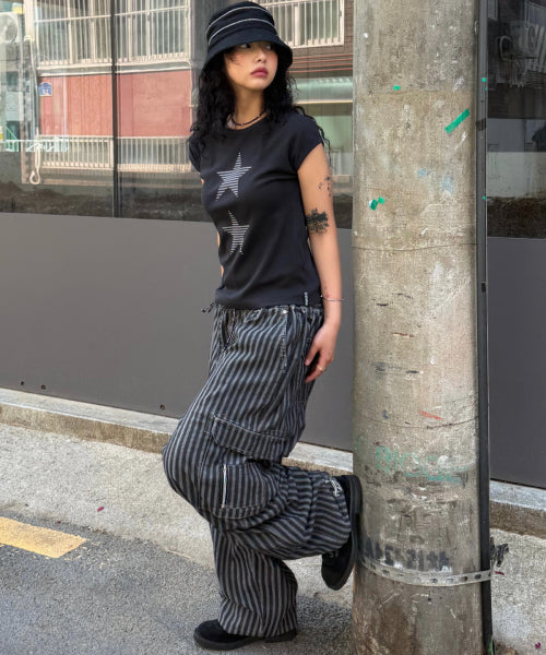 STRIPE STAR SLEEVE T-SHIRT - 3 COLORS CHARCOAL