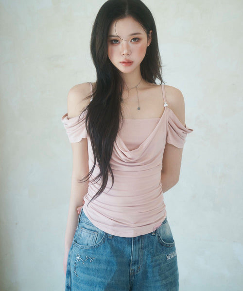EVE SUMMER DRAPING OFF-SHOULDER BLOUSE - 5 COLORS PEACH