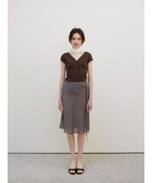 SCALLOP NECK WRAP T-SHIRT - 2 COLORS BROWN
