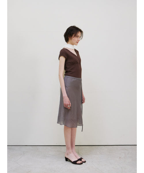SCALLOP NECK WRAP T-SHIRT - 2 COLORS BROWN