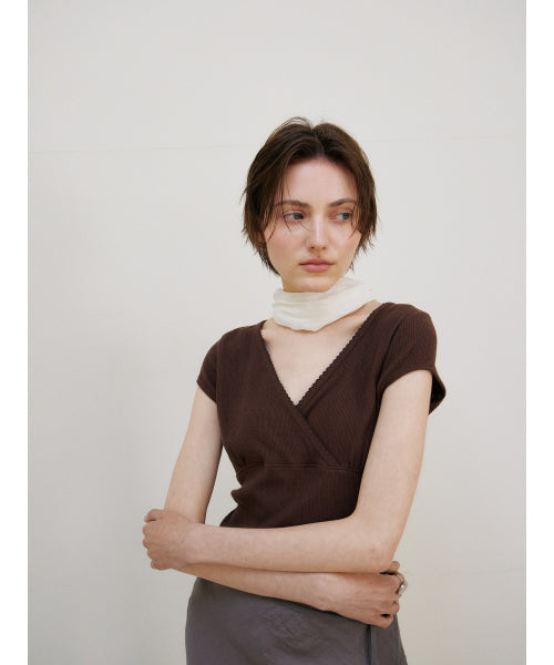SCALLOP NECK WRAP T-SHIRT - 2 COLORS BROWN
