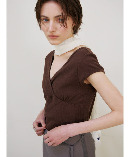 SCALLOP NECK WRAP T-SHIRT - 2 COLORS BROWN