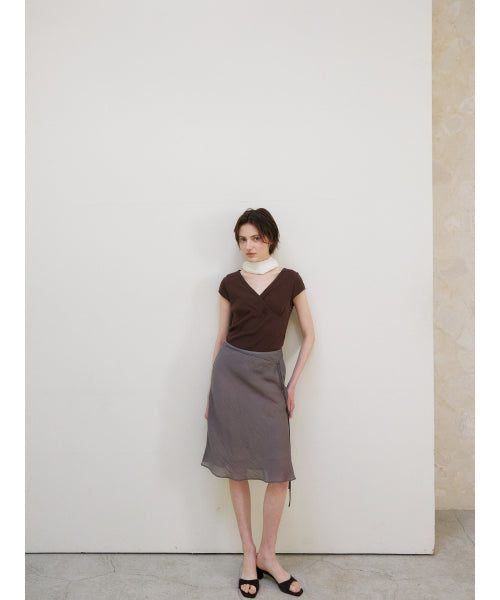 SCALLOP NECK WRAP T-SHIRT - 2 COLORS BROWN