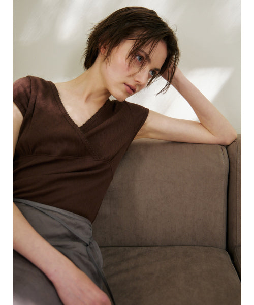 SCALLOP NECK WRAP T-SHIRT - 2 COLORS BROWN