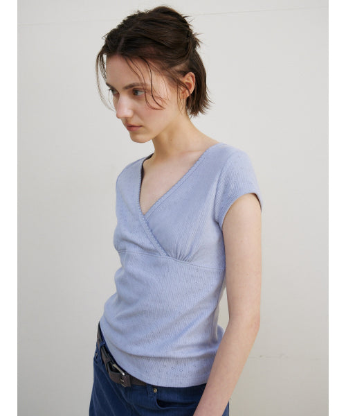 SCALLOP NECK WRAP T-SHIRT - 2 COLORS SKY BLUE