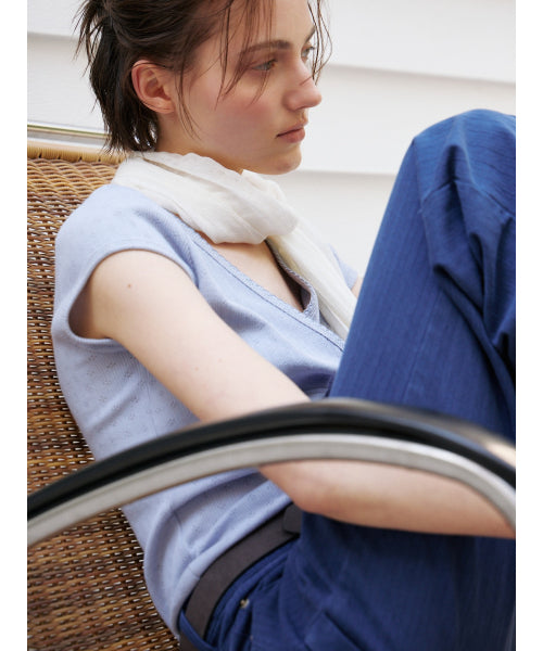 SCALLOP NECK WRAP T-SHIRT - 2 COLORS SKY BLUE