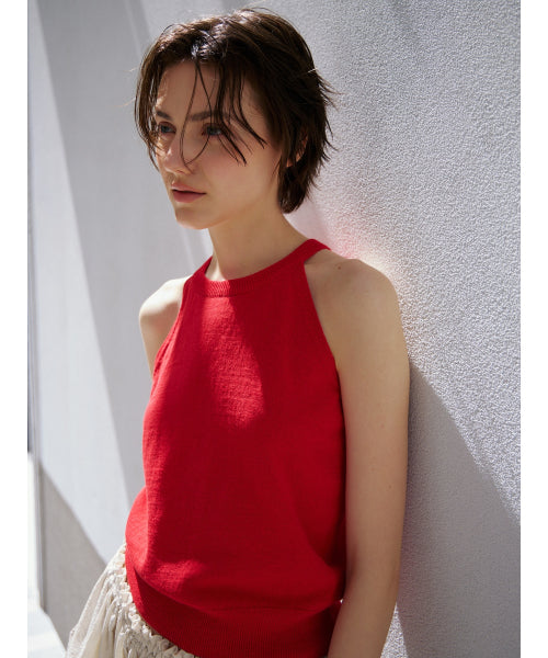 OPEN-BACK HALTER KNIT TOP - 3 COLORS RED