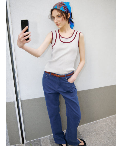 TRIMMING SLEEVELESS KNIT TOP - 2 COLORS GREY