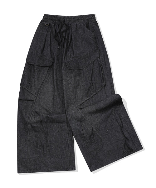 WASHED BALLOON CARGO DENIM PANTS - 2 COLORS BLACK
