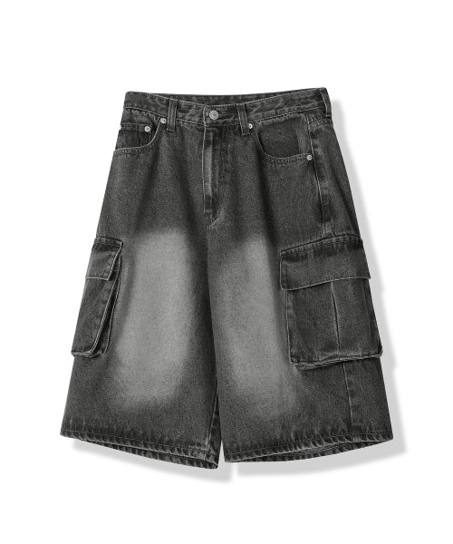 WIDE CARGO HALF DENIM SHORTS - 2 COLORS BLUE