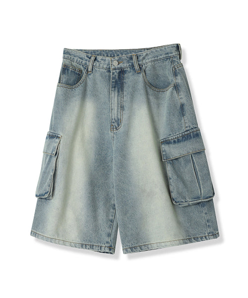 WIDE CARGO HALF DENIM SHORTS - 2 COLORS BLUE