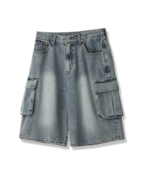 WIDE CARGO HALF DENIM SHORTS - 2 COLORS BLUE