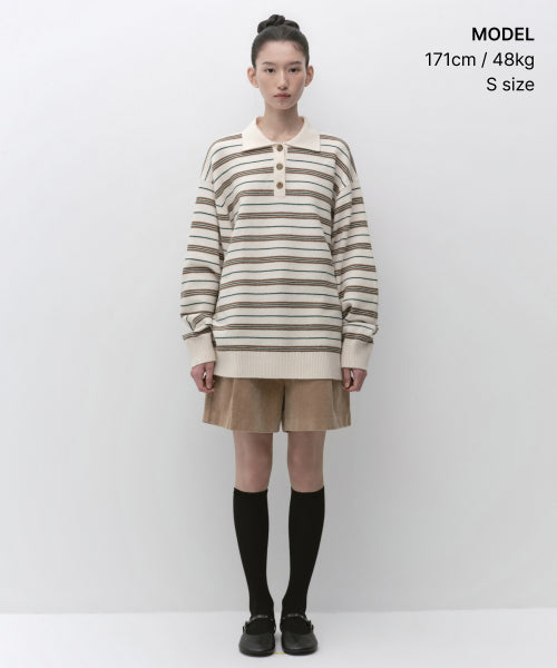 WOMENS MULTI STRIPE COLLARED TUNIC KNIT #韓韶禧同款! - 3 COLORS CREAM