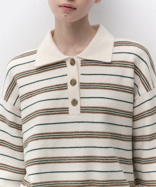 WOMENS MULTI STRIPE COLLARED TUNIC KNIT #韓韶禧同款! - 3 COLORS CREAM