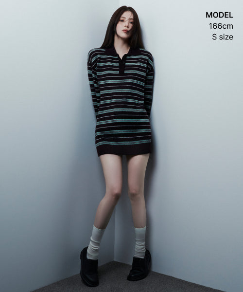 WOMENS MULTI STRIPE COLLARED TUNIC KNIT #韓韶禧同款! - 3 COLORS BURGUNDY