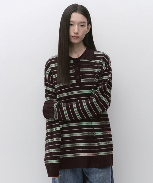 WOMENS MULTI STRIPE COLLARED TUNIC KNIT #韓韶禧同款! - 3 COLORS BURGUNDY