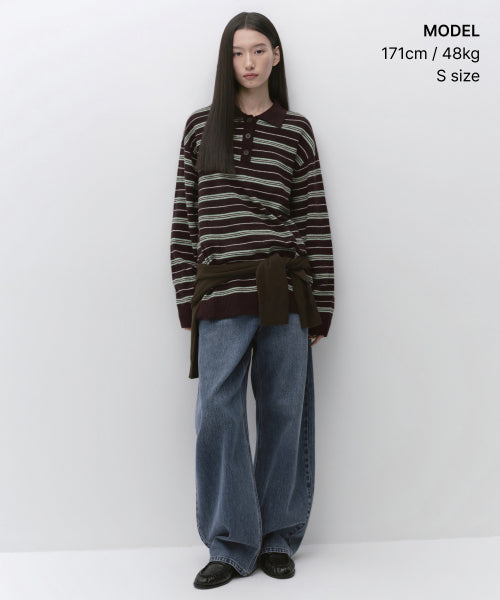 WOMENS MULTI STRIPE COLLARED TUNIC KNIT #韓韶禧同款! - 3 COLORS BURGUNDY