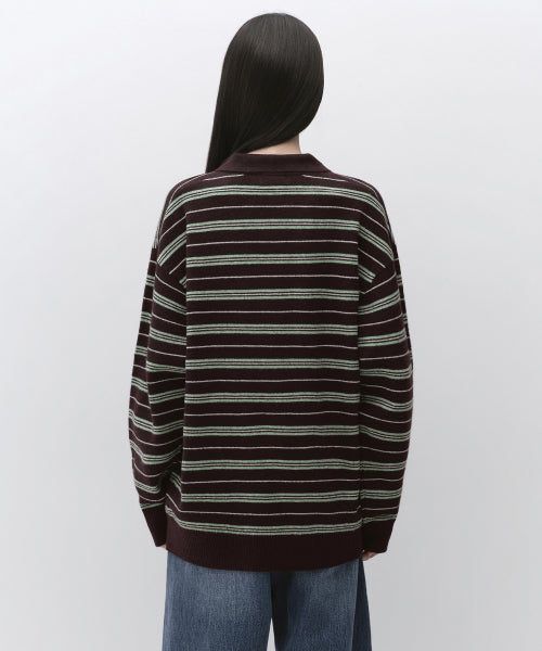 WOMENS MULTI STRIPE COLLARED TUNIC KNIT #韓韶禧同款! - 3 COLORS BURGUNDY