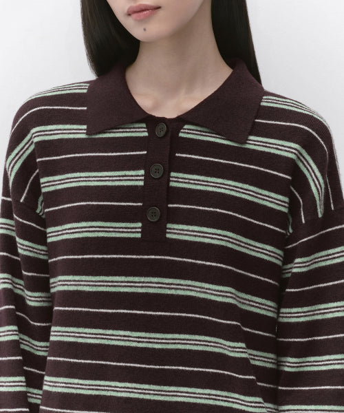 WOMENS MULTI STRIPE COLLARED TUNIC KNIT #韓韶禧同款! - 3 COLORS BURGUNDY