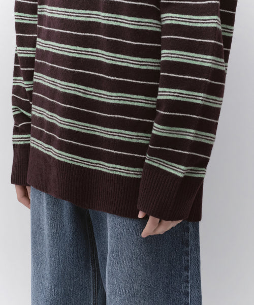 WOMENS MULTI STRIPE COLLARED TUNIC KNIT #韓韶禧同款! - 3 COLORS BURGUNDY