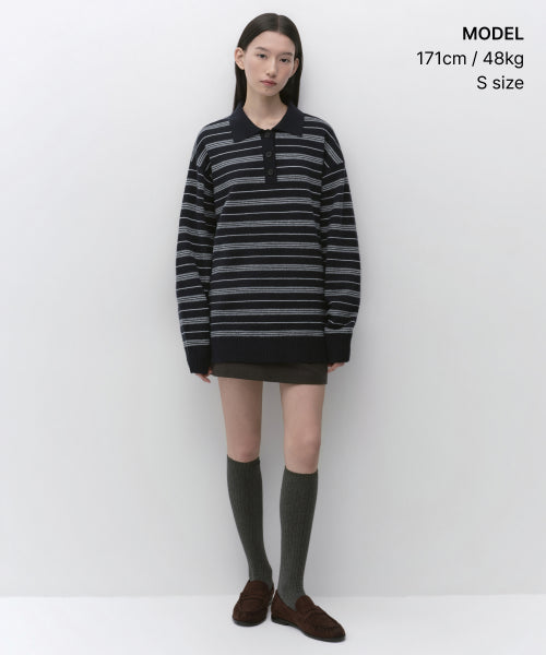 WOMENS MULTI STRIPE COLLARED TUNIC KNIT #韓韶禧同款! - 3 COLORS NAVY