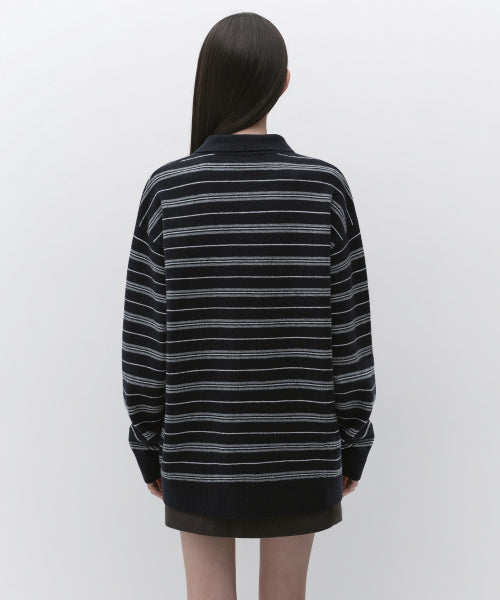 WOMENS MULTI STRIPE COLLARED TUNIC KNIT #韓韶禧同款! - 3 COLORS NAVY