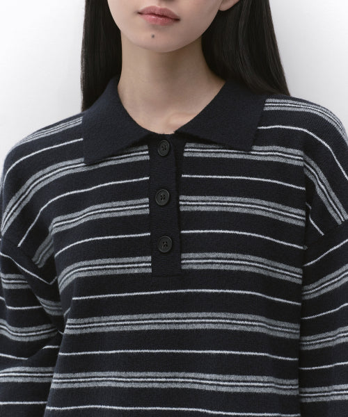 WOMENS MULTI STRIPE COLLARED TUNIC KNIT #韓韶禧同款! - 3 COLORS NAVY