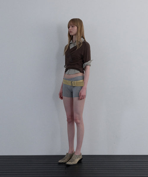 SHIRRING V-NECK TOP_BEIGE - 2 COLORS BROWN